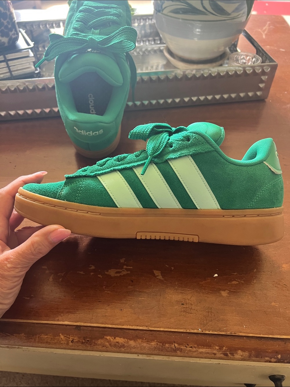 adidas Green Suede Athletic Sneakers with White Stripes and Gum Sole - Picture 6 of 6